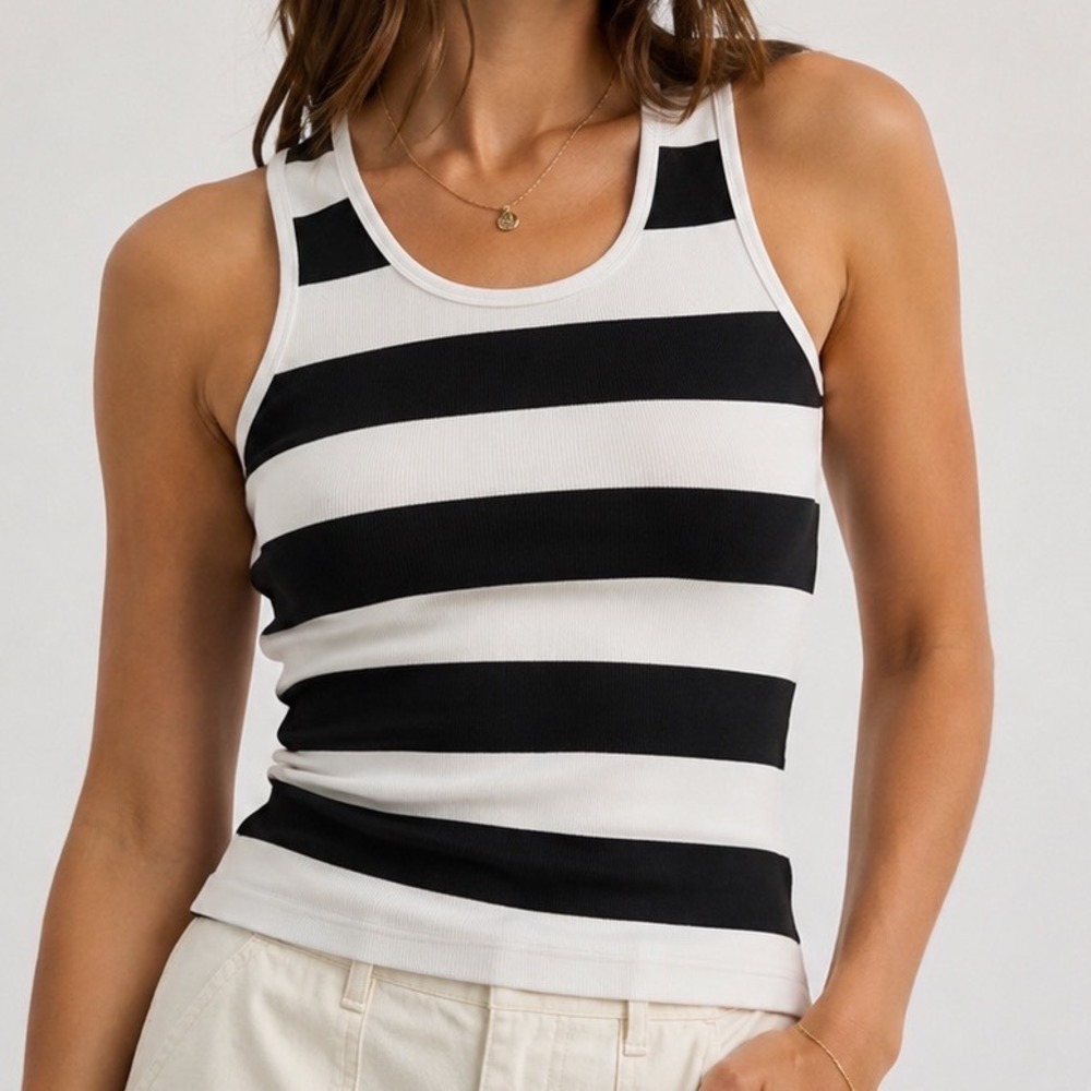 Dorosi Black White Striped Racerback Tank Top Ribbed One Size OS Y2K Layering